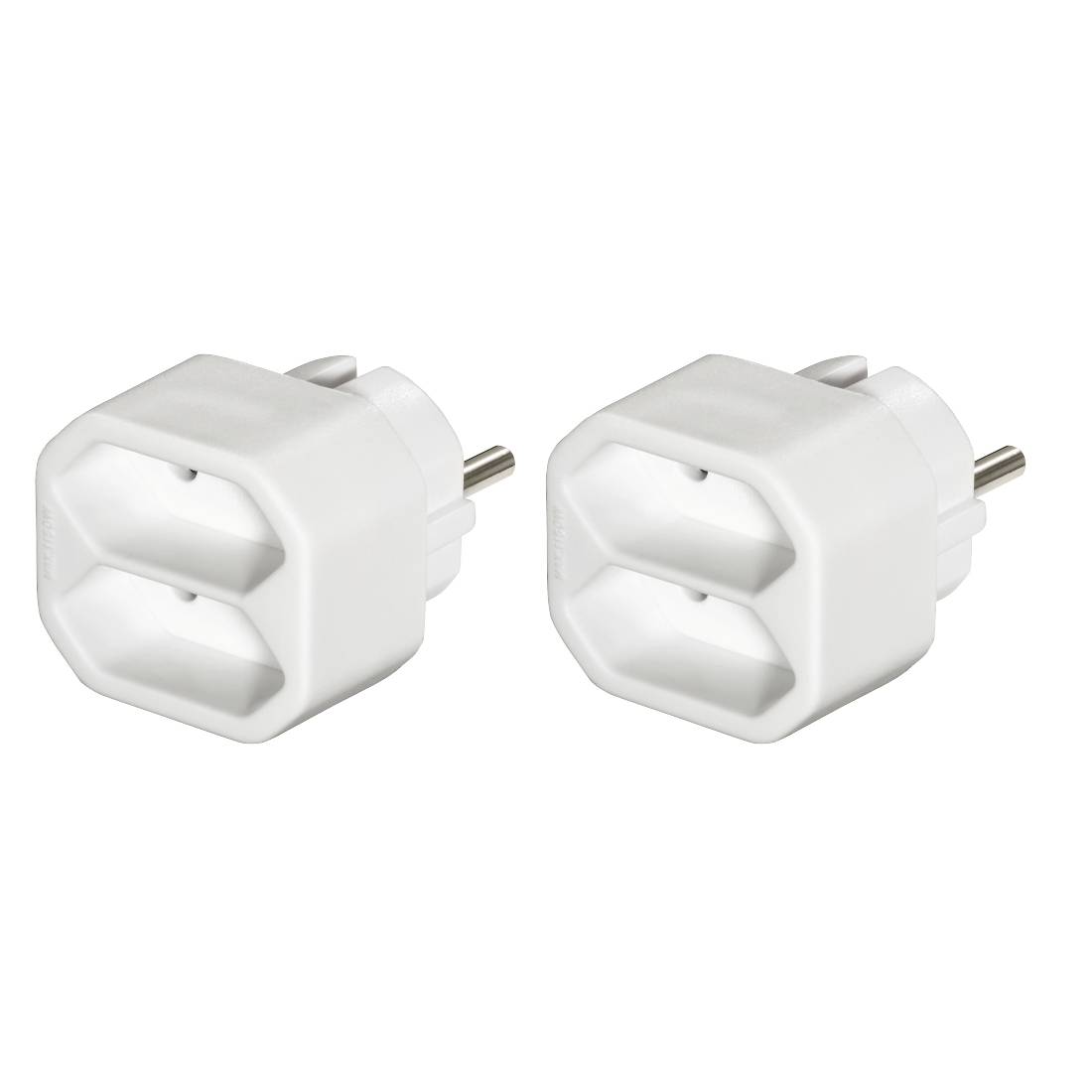 Zwei weiße europäische Steckdosenadapter nebeneinander auf weißem Hintergrund dargestellt.