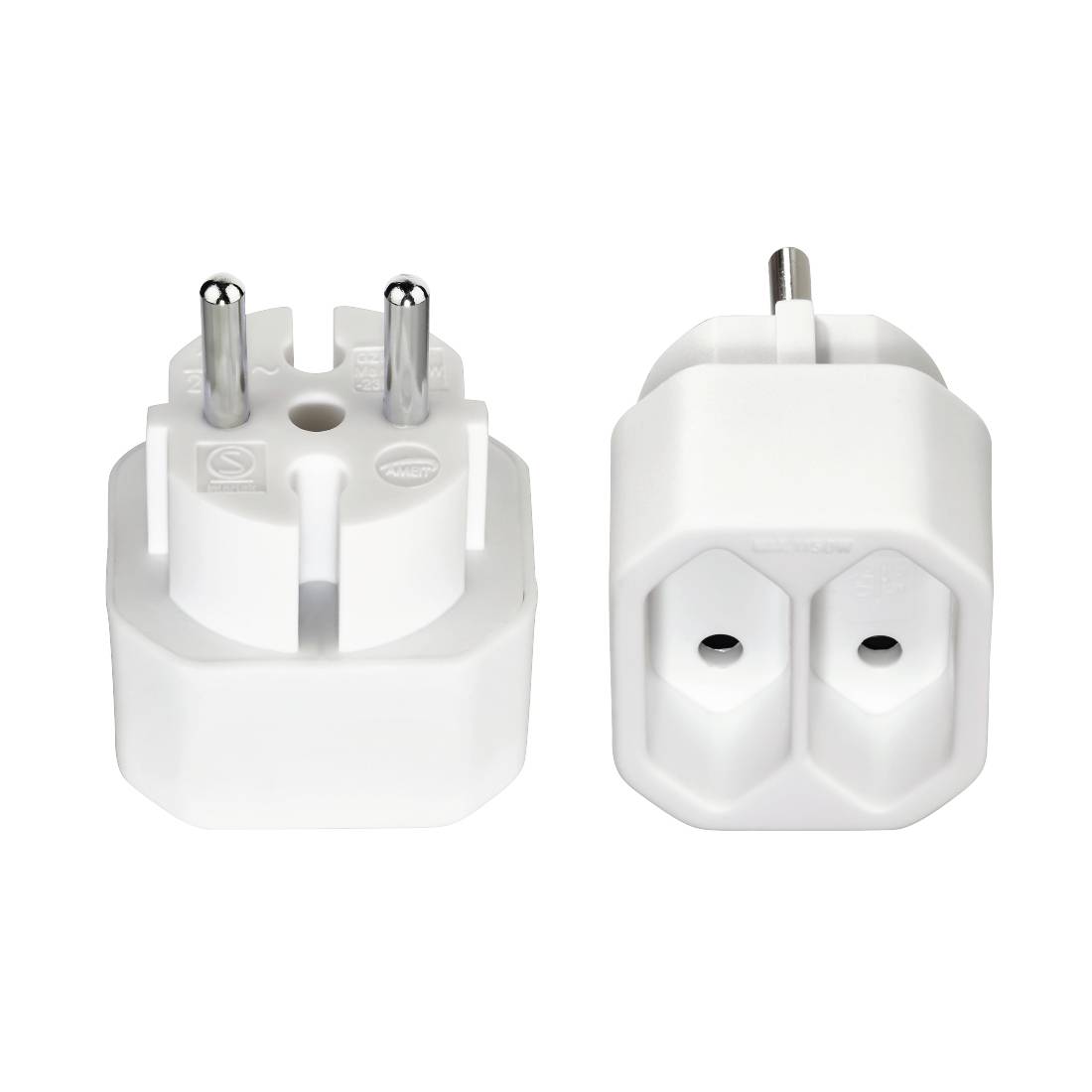Weißer Elektrostecker-Adapter mit europäischem zweipoligem Stecker und doppelter Buchsenausgabe, gezeigt in Vorder- und Seitenansicht auf weißem Hintergrund