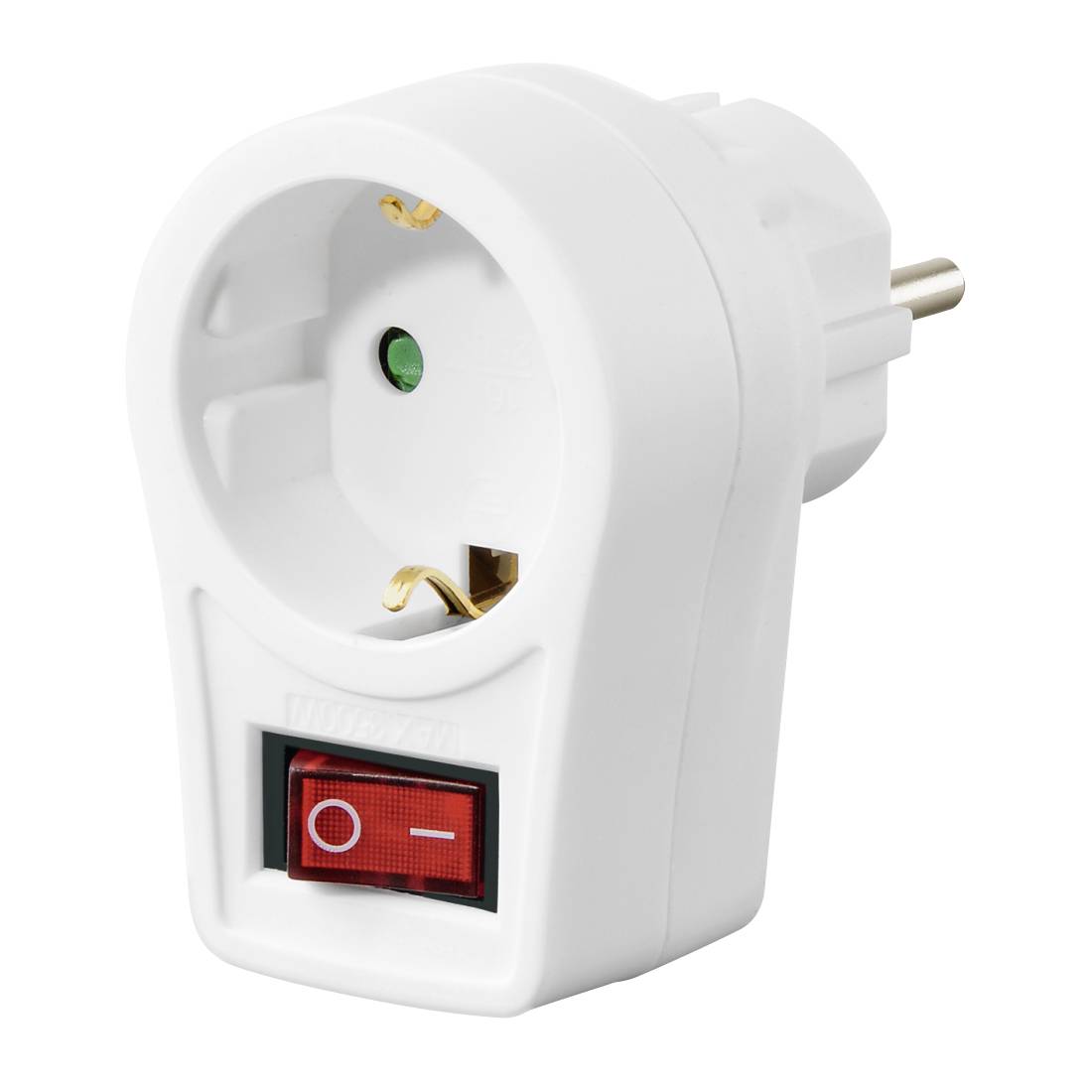 Weißer Stecker-Adapter mit einer Steckdose, grünem Kontrolllämpchen und rotem Ein-/Aus-Schalter auf der Vorderseite.