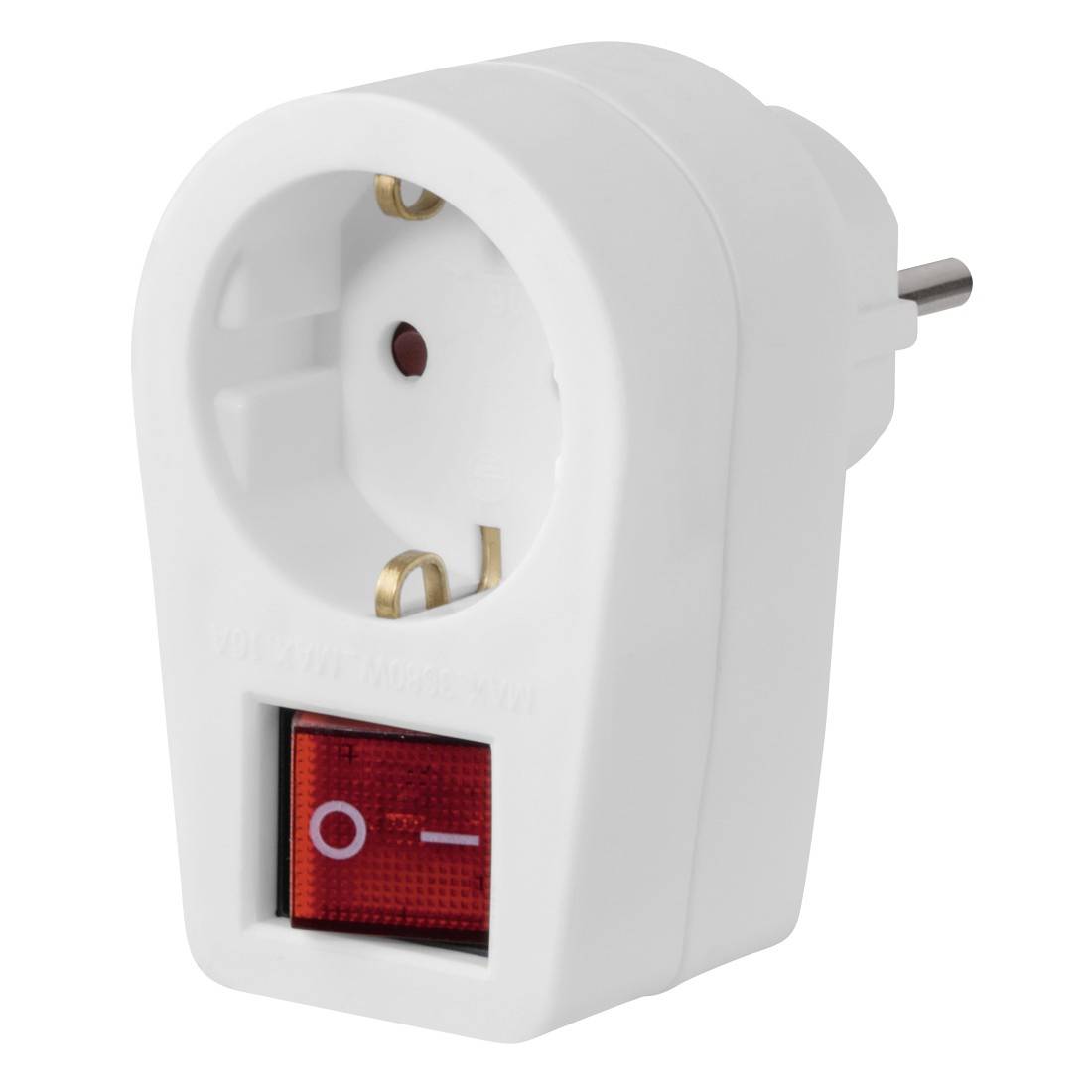 Weißer Stecker-Netzteil mit europäischer Steckdose und rotem Ein-/Ausschalter.