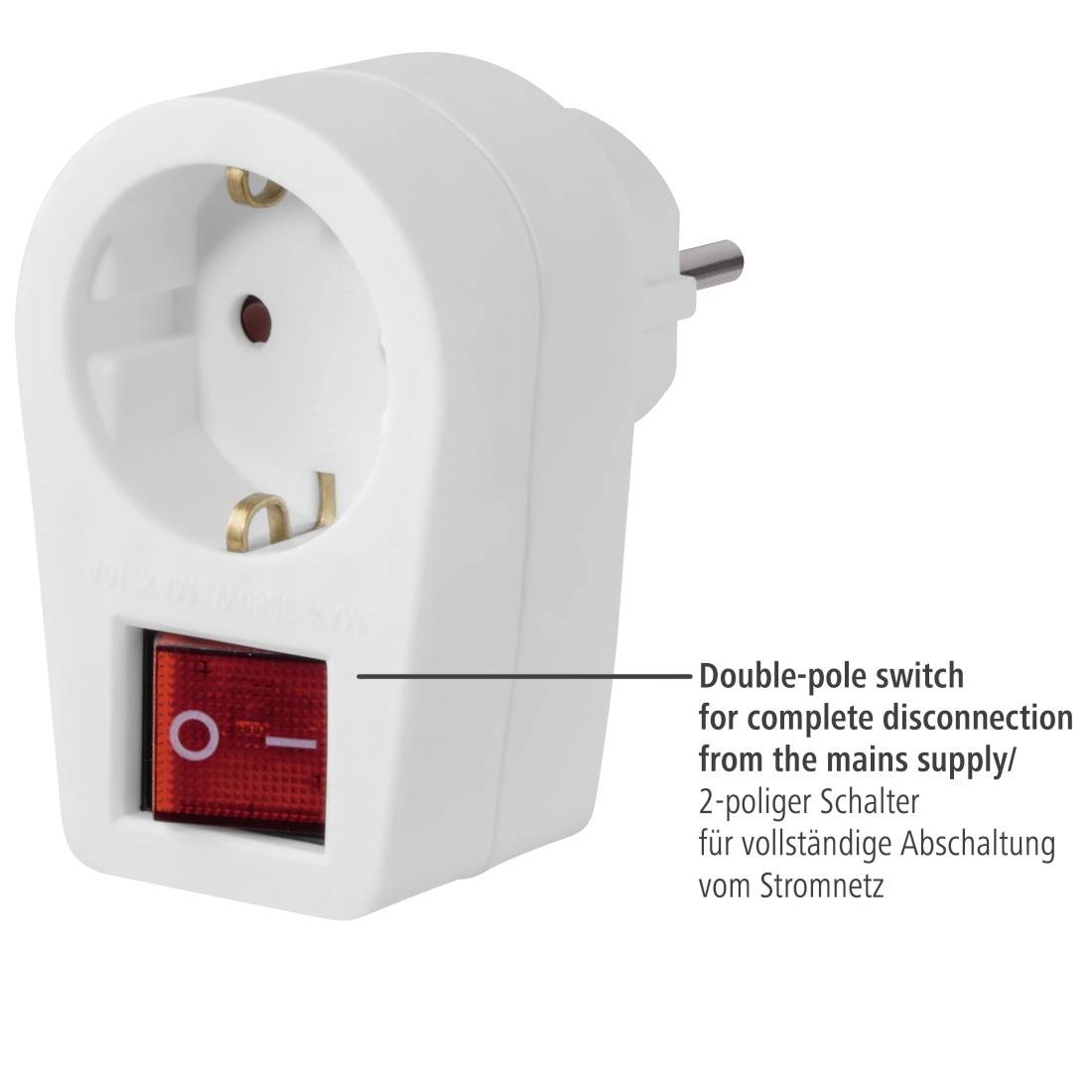 Weißer Stecker-Adapter mit rotem zweipoliger Ein-/Ausschalter mit Beschriftung für vollständige Trennung von der Stromversorgung.