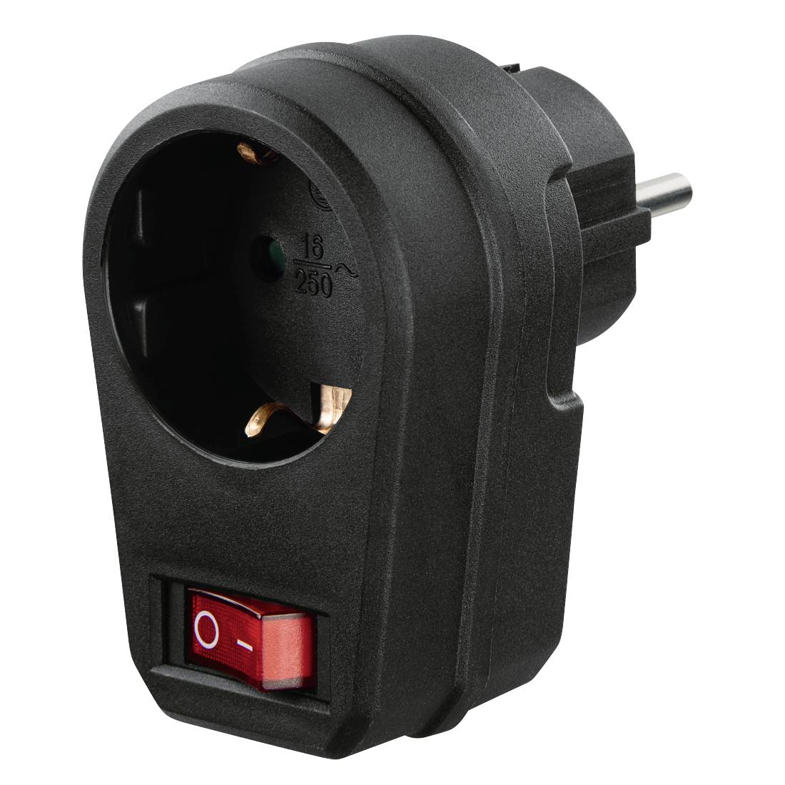 Schwarzer europäischer Steckdosenadapter mit einem roten Ein-/Ausschalter auf der Vorderseite.