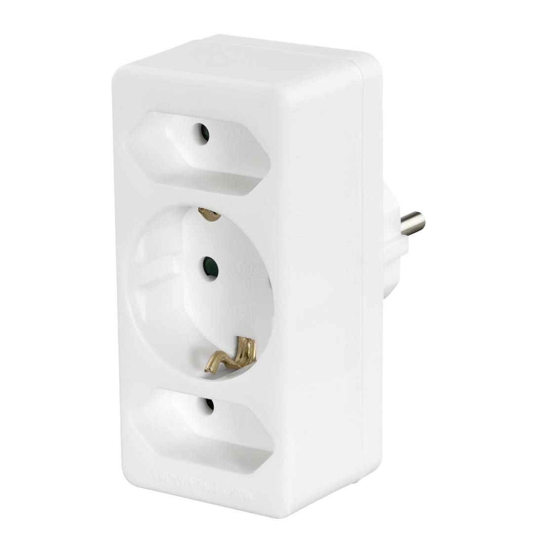 Weißer Stecker-Stromadapter mit geerdetem Ausgang und seitlichem Steckerzacken.