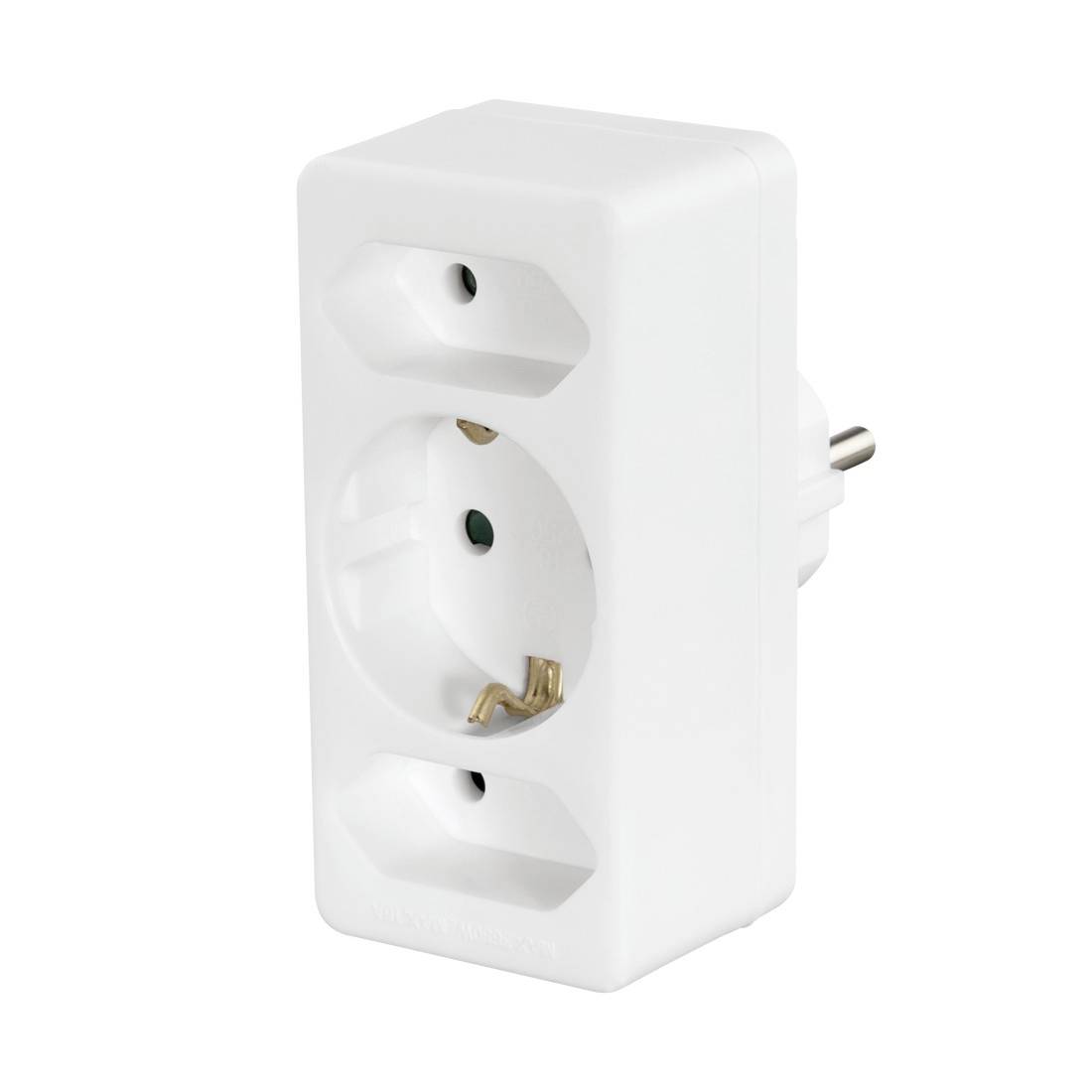 Weißer europäischer Steckdosenadapter im europäischen Stil mit Schutzkontaktsockel und Steckern auf einfachem Hintergrund.