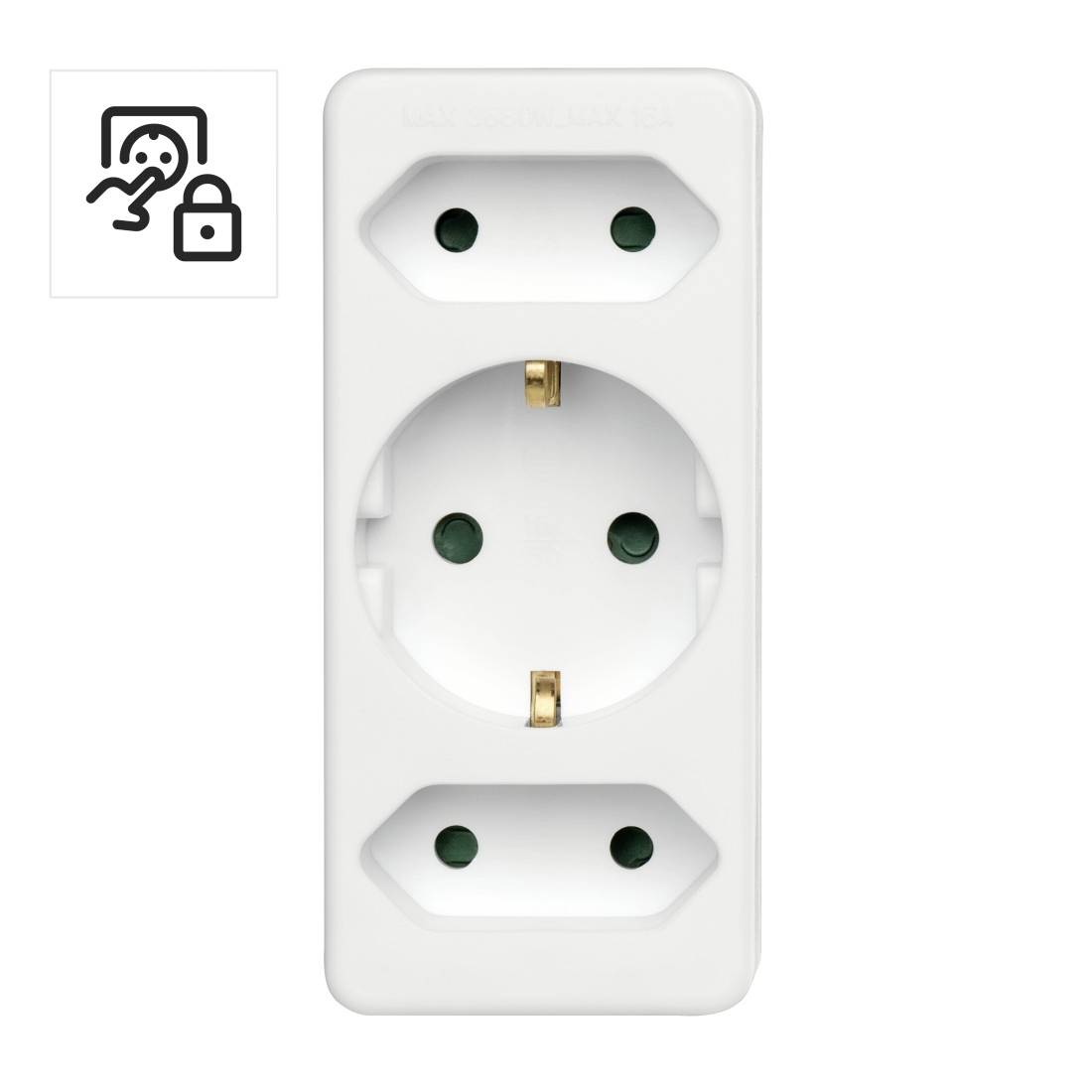 Kindersicherer elektrischer Wandstecker mit Sicherheitsverschluss-Symbol, zeigt eine Doppelstecker-Abdeckung zur Verhinderung von versehentlichem Kontakt.