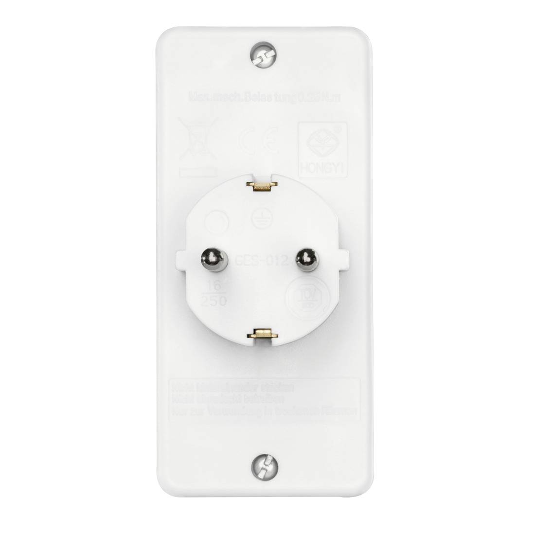 Weißer elektrischer Wandstecker-Adapter mit rundem europäischen Steckdosensockel und zwei Stiften, Vorderansicht auf einfachem Hintergrund dargestellt.