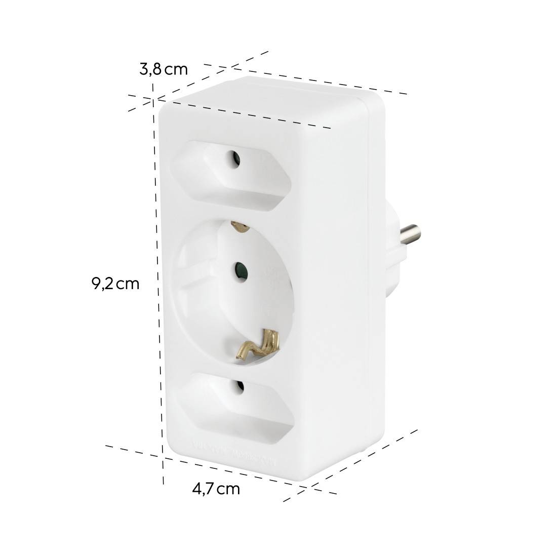 Weißer Elektrostecker-Adapter mit einer Steckdose und seitlichem Erdungsstift, dargestellt mit Abmessungen von 9,2 cm Höhe, 4,7 cm Breite, 3,8 cm Tiefe.