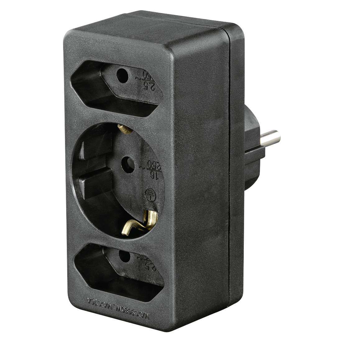 Schwarzer Elektrostecker-Adapter mit einer runden Steckdose und zwei kleineren Buchsen, gezeigt auf weißem Hintergrund.
