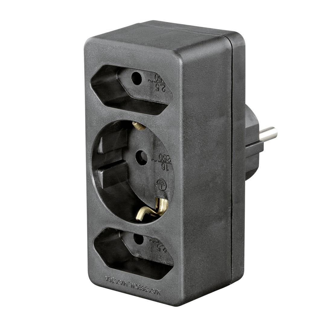 Schwarzer Drei-Steckdosen-Steckeradapter mit rundem Eurostecker an der Seite, auf weißem Hintergrund dargestellt.