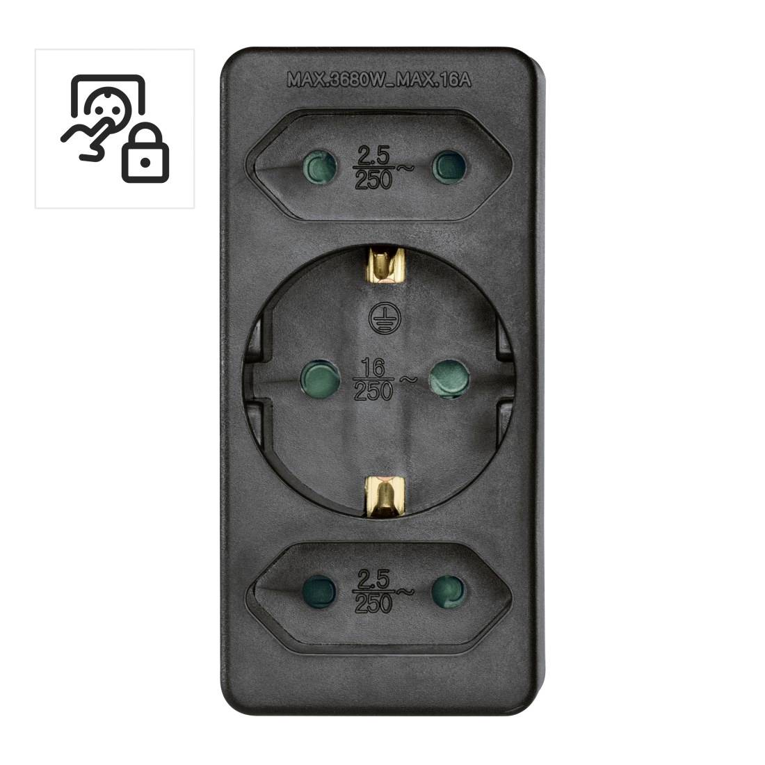 Schwarzer Stromsteckdosenadapter mit drei europäischen Steckdosen, gekennzeichnet mit max. 3680W, max. 16A und 250V, sowie ein kleines Stecker-und-Verriegelungssymbol.