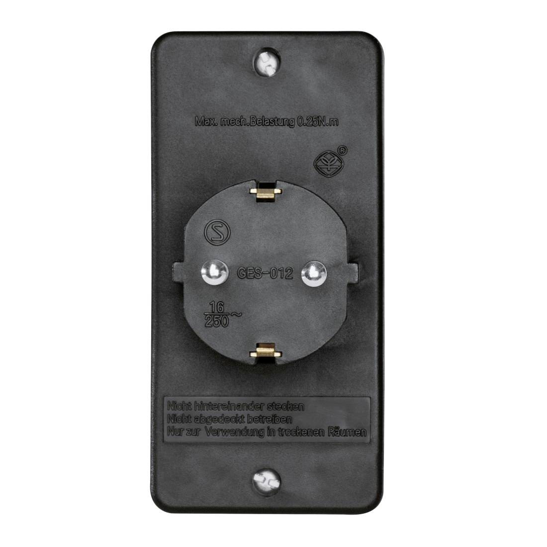 Schwarze Elektrosteckdosenmontageplatten mit rundem Steckdoseneinsatz und deutschen Sicherheitsmarkierungen, dargestellt auf weißem Hintergrund.