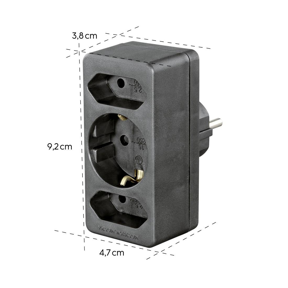 Schwarzer Steckdosenadapter mit drei Ausgängen, gezeigt mit Abmessungen von 9,2 cm Höhe, 4,7 cm Breite und 3,8 cm Tiefe.
