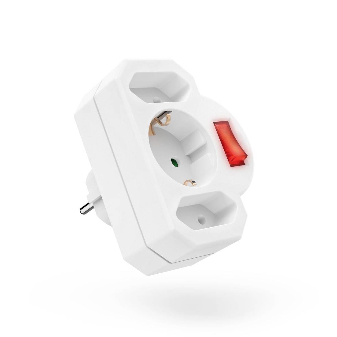 Weißer Steckdosenadapter mit rotem Ein-/Aus-Schalter, isoliert auf weißem Hintergrund dargestellt.