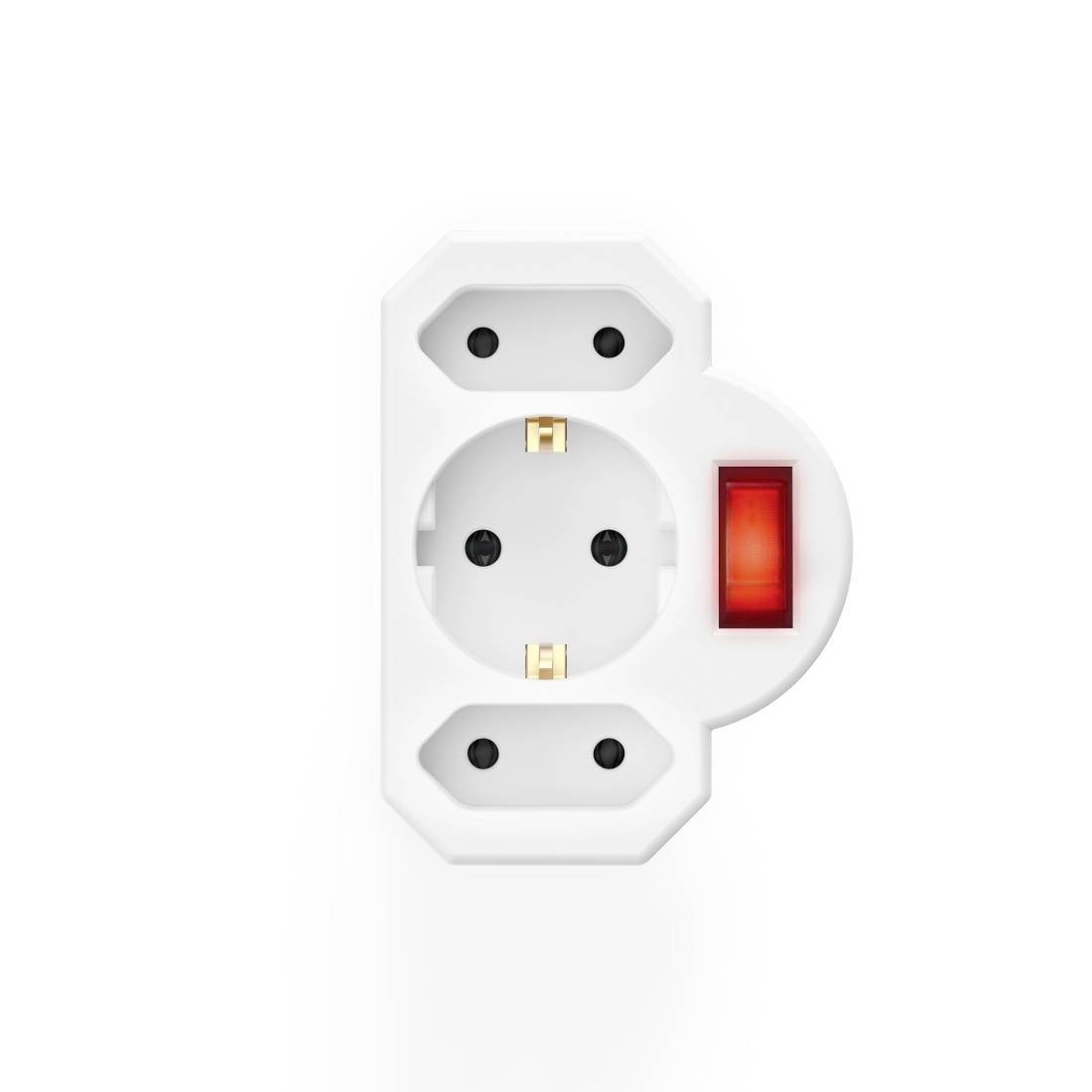 Weiße elektrische Wandsteckdose mit einem roten Ein-/Ausschalter, in Vorderansicht auf einem einfachen Hintergrund dargestellt.