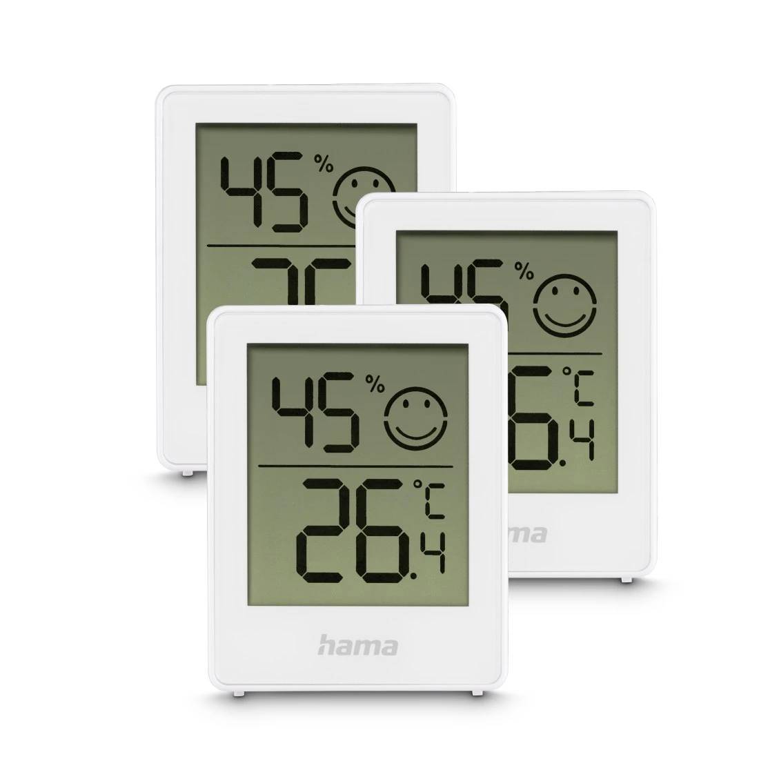 Drei digitale Thermo-Hygrometer zeigen 45% Luftfeuchtigkeit, 26,4°C Temperatur und einen lächelnden Komfortindikator.