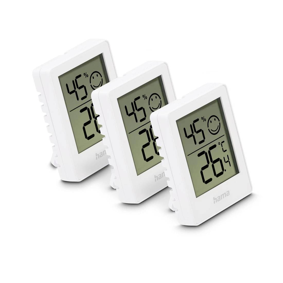 Drei weiße digitale Thermo-Hygrometer zeigen 45% Luftfeuchtigkeit und 26°C an, mit einem lächelnden Komfort-Symbol.
