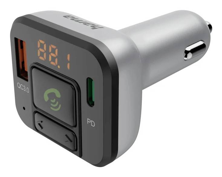 Kfz-Ladegeräteadapter mit digitaler Spannungsanzeige, USB-C PD und QC 3.0-Anschlüssen sowie einer Fronttaste, dargestellt in metallischem Grau.