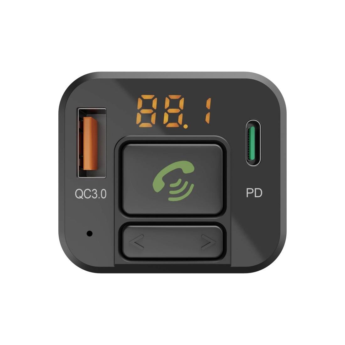 Mehrfach-Autoladegerät mit digitaler Spannungsanzeige, USB-A QC3.0 und USB-C PD-Anschlüssen sowie einer zentralen kabellosen Ladefläche