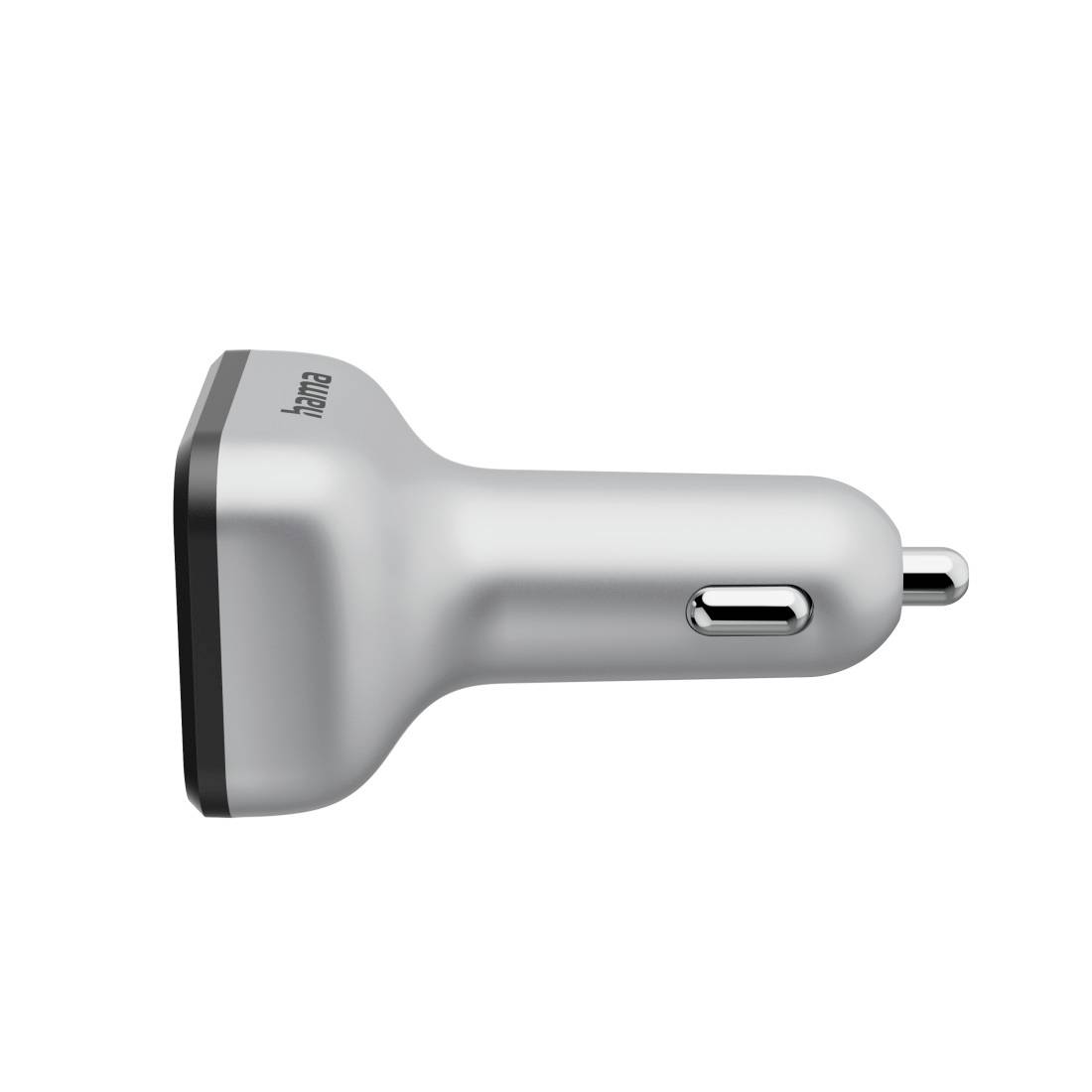 Silberner Autoladeadapter mit einem USB-Anschluss und schwarzem Frontring, in Seitenansicht auf weißem Hintergrund gezeigt.