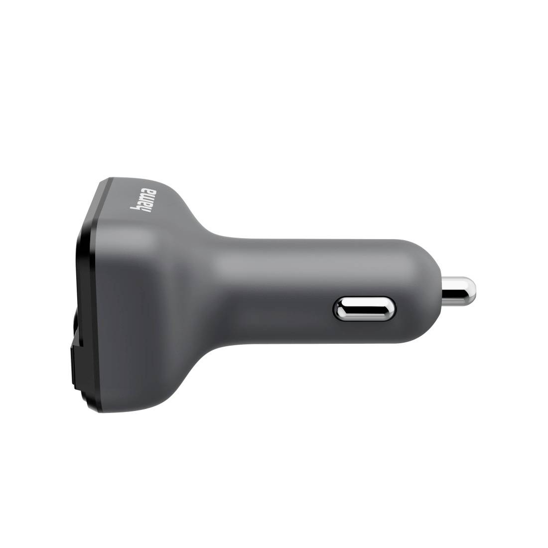 Grauer Autoladeradapter mit USB-A-Anschluss und Stecker für eine Fahrzeugsteckdose.