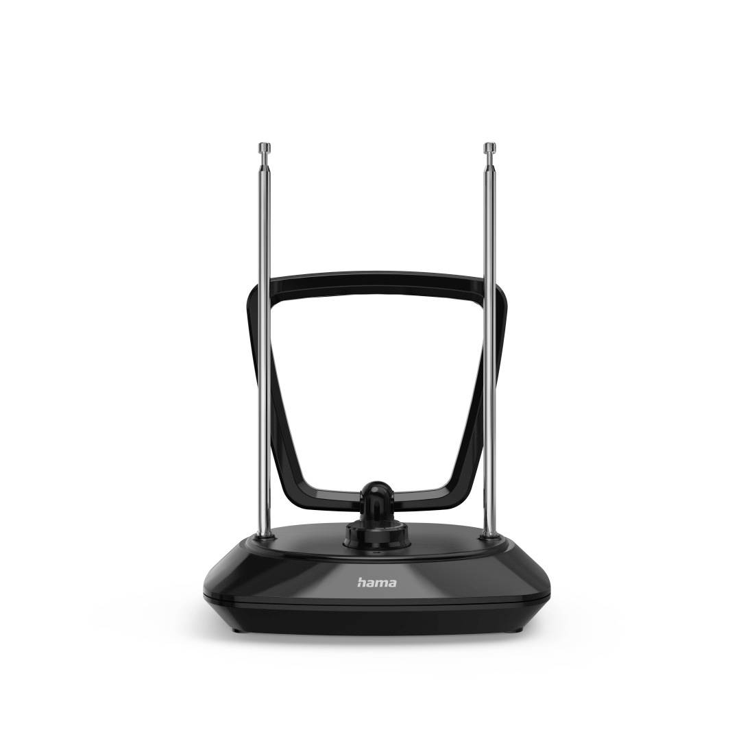 Schwarze Zimmerantenne mit zwei vertikalen Metallstäben auf einem Sockel, zentriert auf weißem Hintergrund.