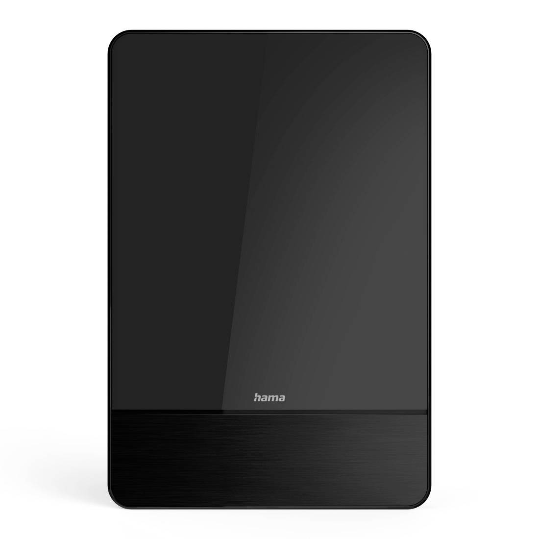 Schwarzes Hama-Elektronikgerät mit glänzender Vorderseite und horizontalem strukturiertem unteren Bedienfeld, dargestellt auf einfachem weißem Hintergrund.