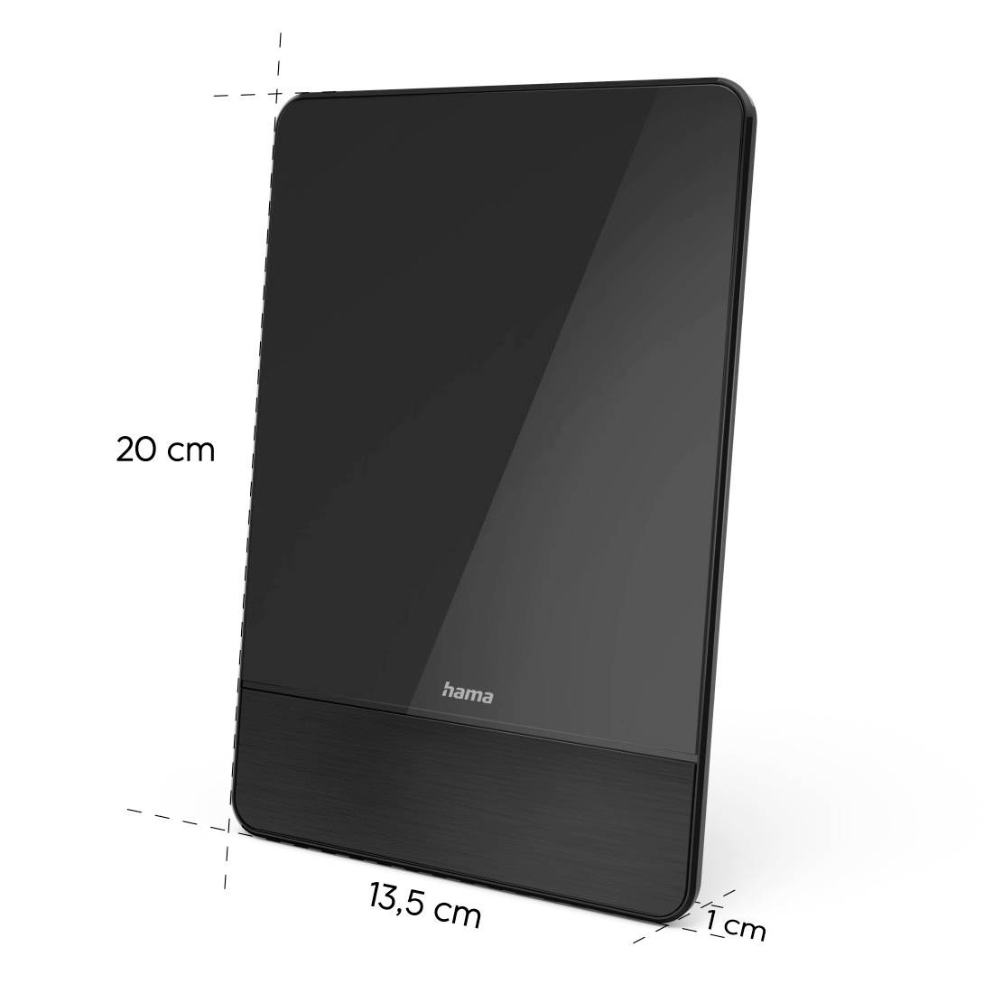 Schwarze Hama-Tablet-Schutzhülle von vorne gezeigt mit den Maßen 20 cm hoch, 13,5 cm breit und 1 cm dick.