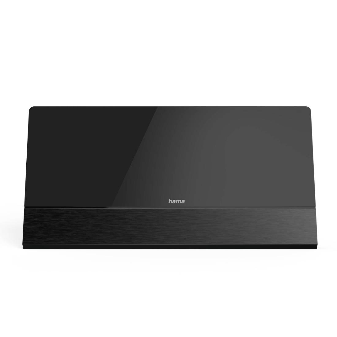 Schwarzes Hama-Elektronikgerät oder Lautsprecher mit glänzender Frontblende und gebürstetem unteren Bedienfeld, vor weißem Hintergrund dargestellt.