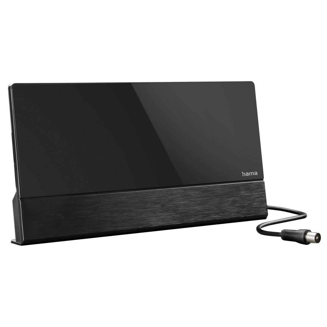 Schwarzes Hama-Elektronikgerät oder Antennenpanel mit angebrachtem Koaxialkabel, gezeigt auf weißem Hintergrund.