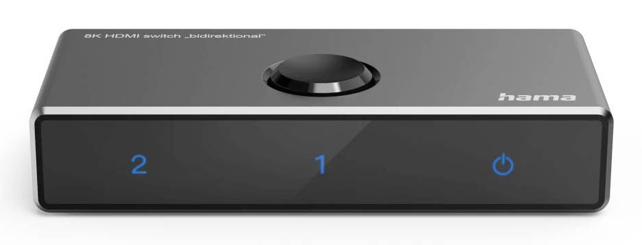 Kompakter schwarzer Hama 8K HDMI-Schalter mit zentralem Drehregler, frontalem Display mit Anzeige der Eingänge 1 und 2 sowie einem Stromsymbol