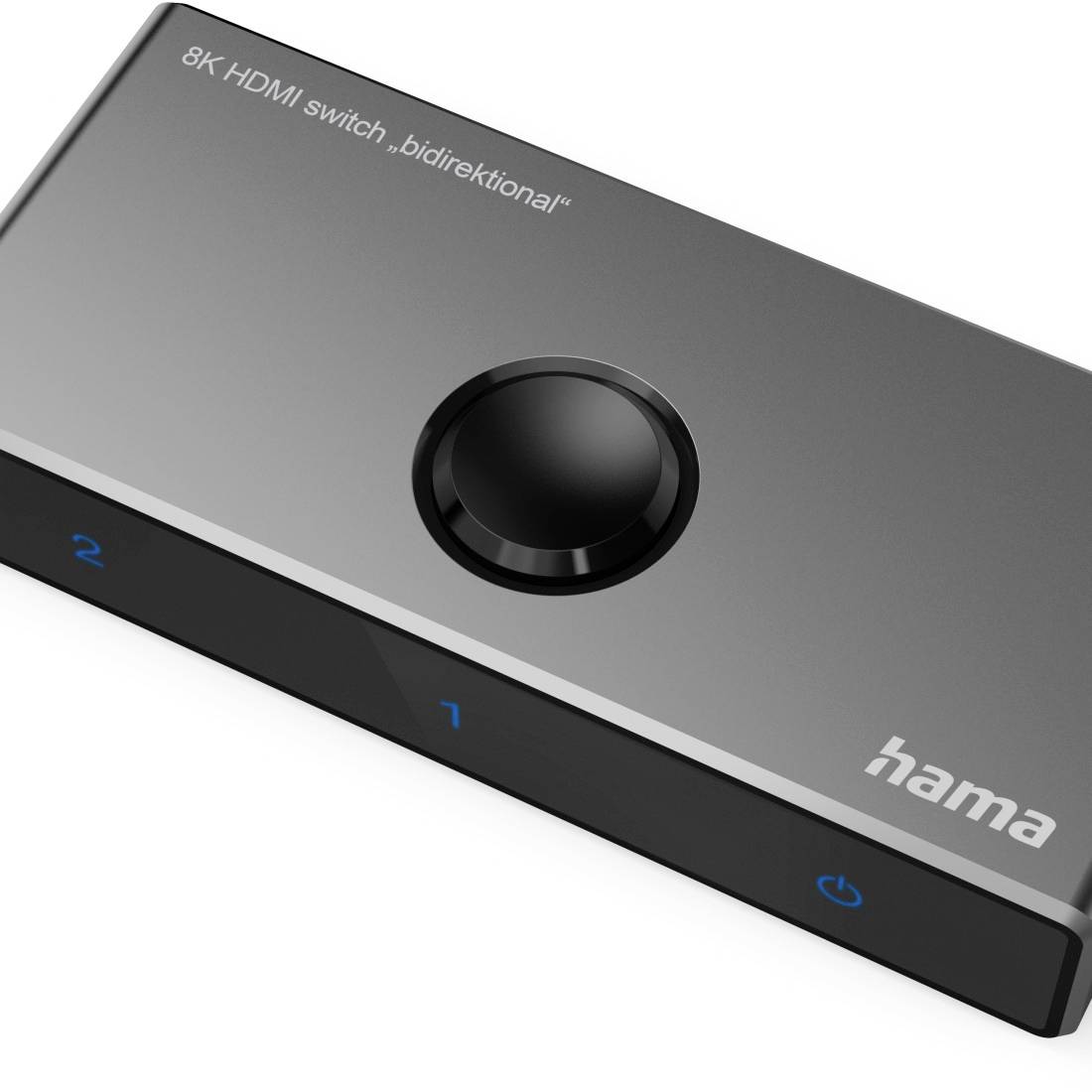 Kompakter 8K-HDMI-Bidirektionalschalter mit einer zentralen Taste und zwei gekennzeichneten Eingängen, „1