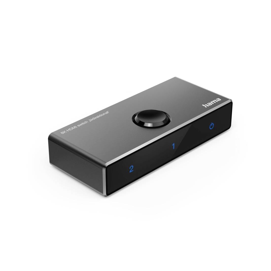 Black Hama 2x1 HDMI-Schalter mit einer zentralen Taste und blauen Eingangsindikatoren 1 und 2 auf der Frontplatte.
