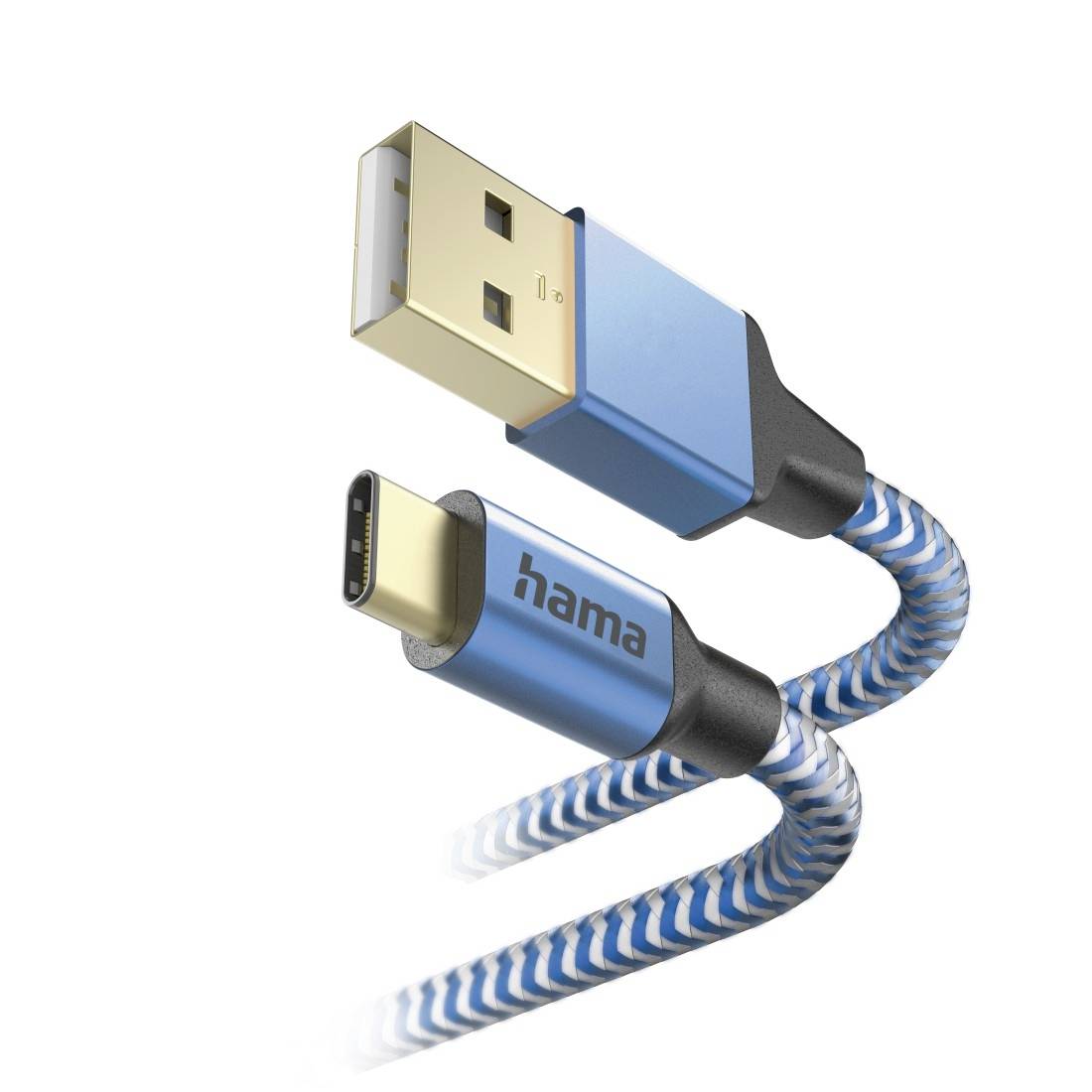 Nahaufnahme eines blau-weißen USB-Kabels mit einem Standard-USB-A-Stecker und einem USB-C-Anschluss mit der Bezeichnung „hama