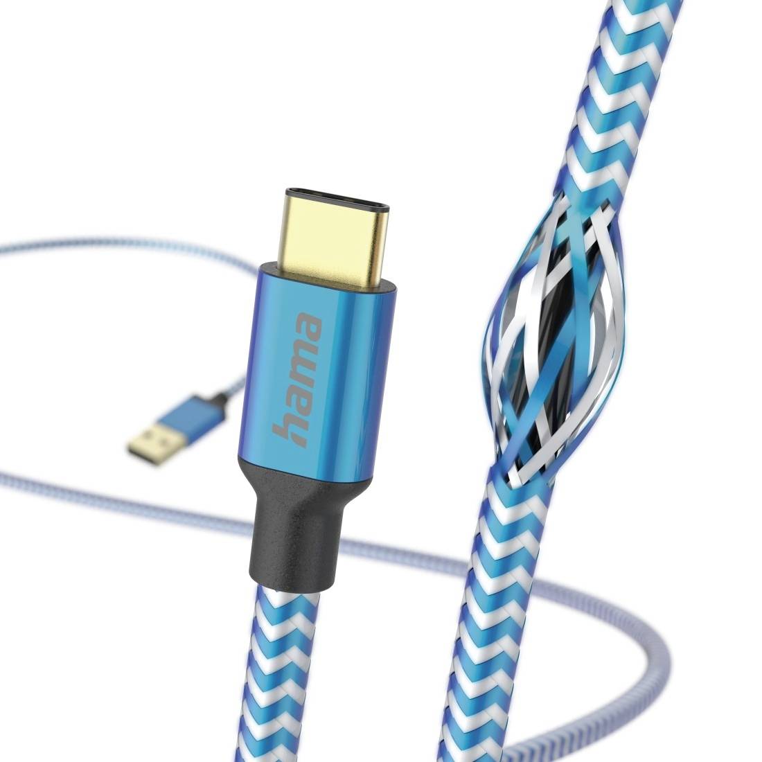 Blaues geflochtenes USB-C-Ladekabel mit vergoldetem Stecker und sichtbarer „hama