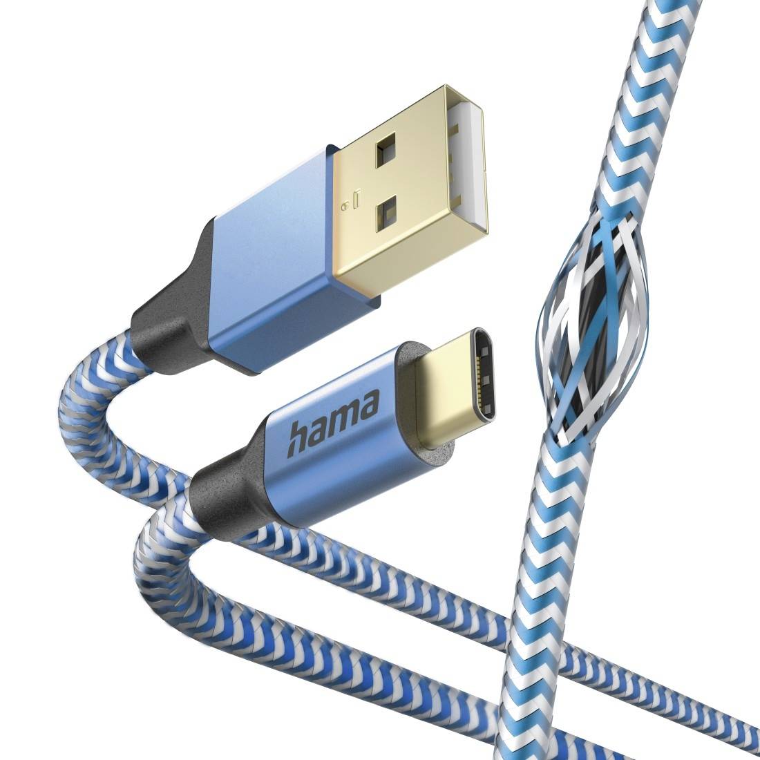 Blau-weiß geflochtenes USB-Kabel mit USB-A- und USB-C-Anschlüssen, in Nahaufnahme auf weißem Hintergrund gezeigt.