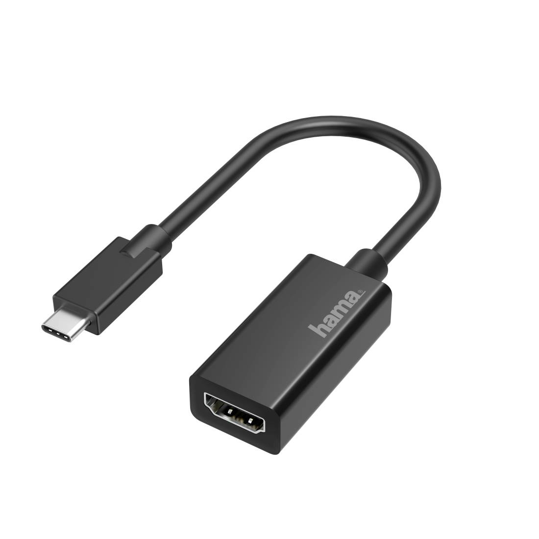USB-C zu HDMI Adapterkabel mit einer kurzen schwarzen Leitung und „hama