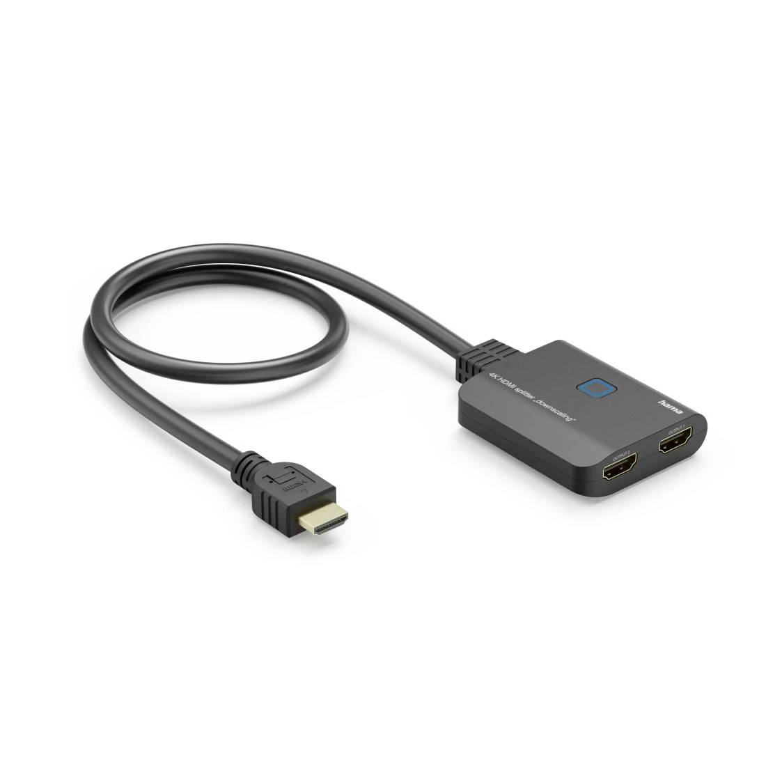 Schwarzes HDMI-zu-HDMI-Adapterkabel mit kurzem Anschluss und kompaktem Gehäuse zum Verbinden eines Geräts mit zwei HDMI-Anschlüssen.