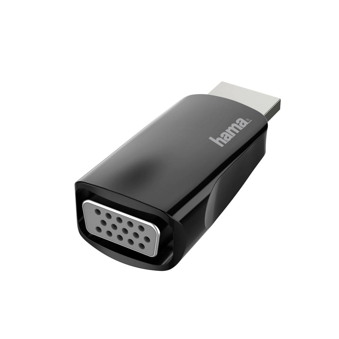 Schwarzer Hama-Adapter mit einem D-Sub/VGA-ähnlichen weiblichen Anschluss auf der einen Seite und einem USB-ähnlichen Stecker auf der anderen Seite.