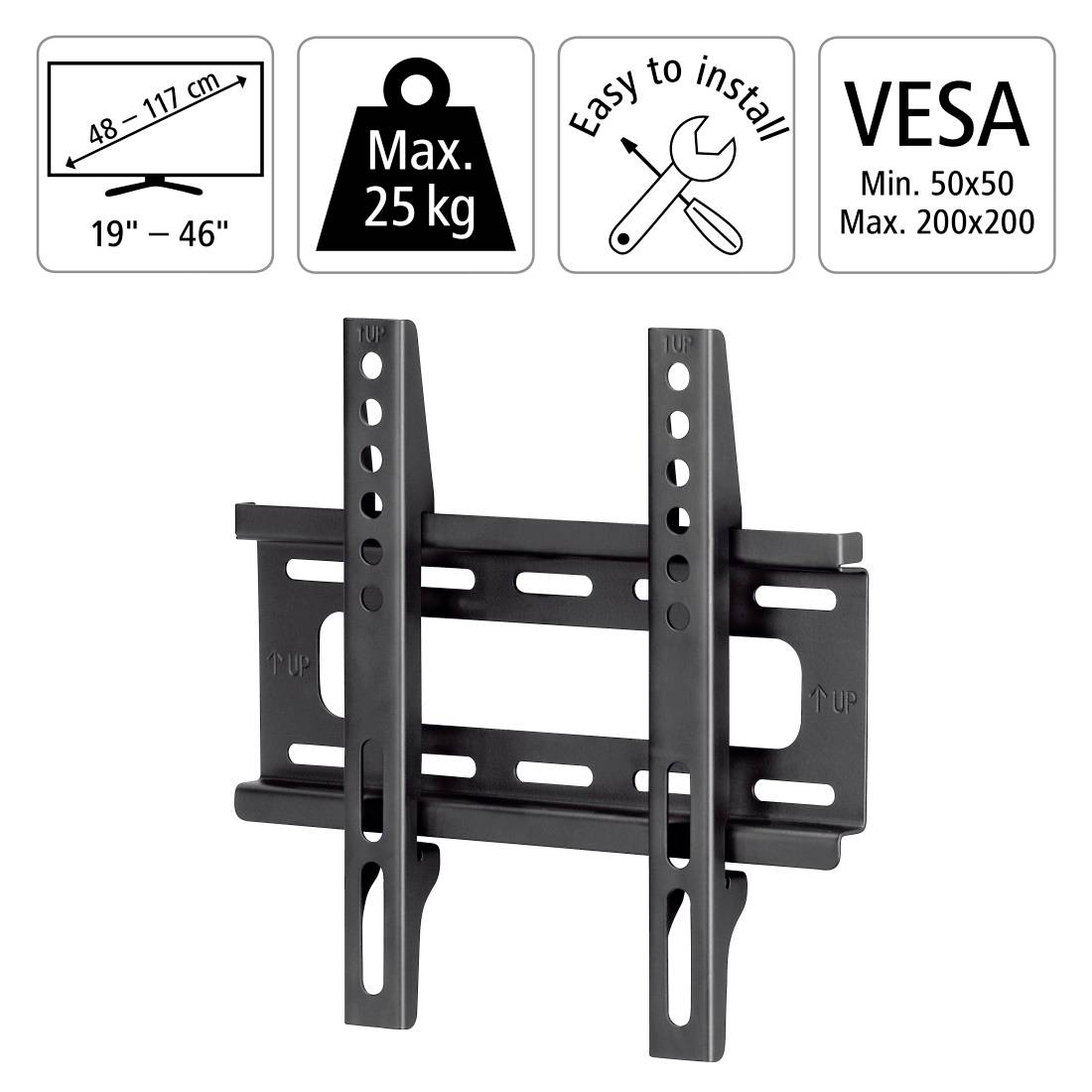 Wandhalterung für Fernseher mit Symbolen für 19-46 Zoll Fernseher, 25 kg max, einfache Installation und VESA 50x50 bis 200x200 Kompatibilität.