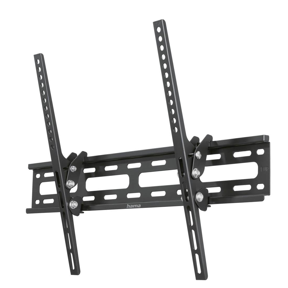 Schwarze verstellbare Wandhalterung für Fernseher mit zwei gelochten Stützarmen und Montageplatten.