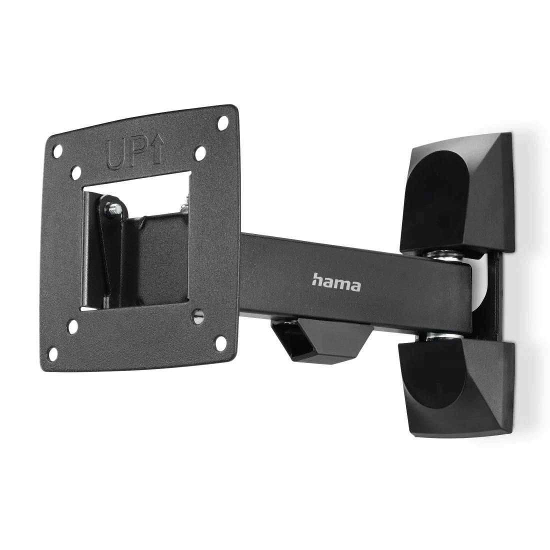 Schwarze Hama Wandhalterung für Fernseher oder Monitor mit verstellbarem Arm, VESA-Platte und Kipp-/Schwenkfunktion.