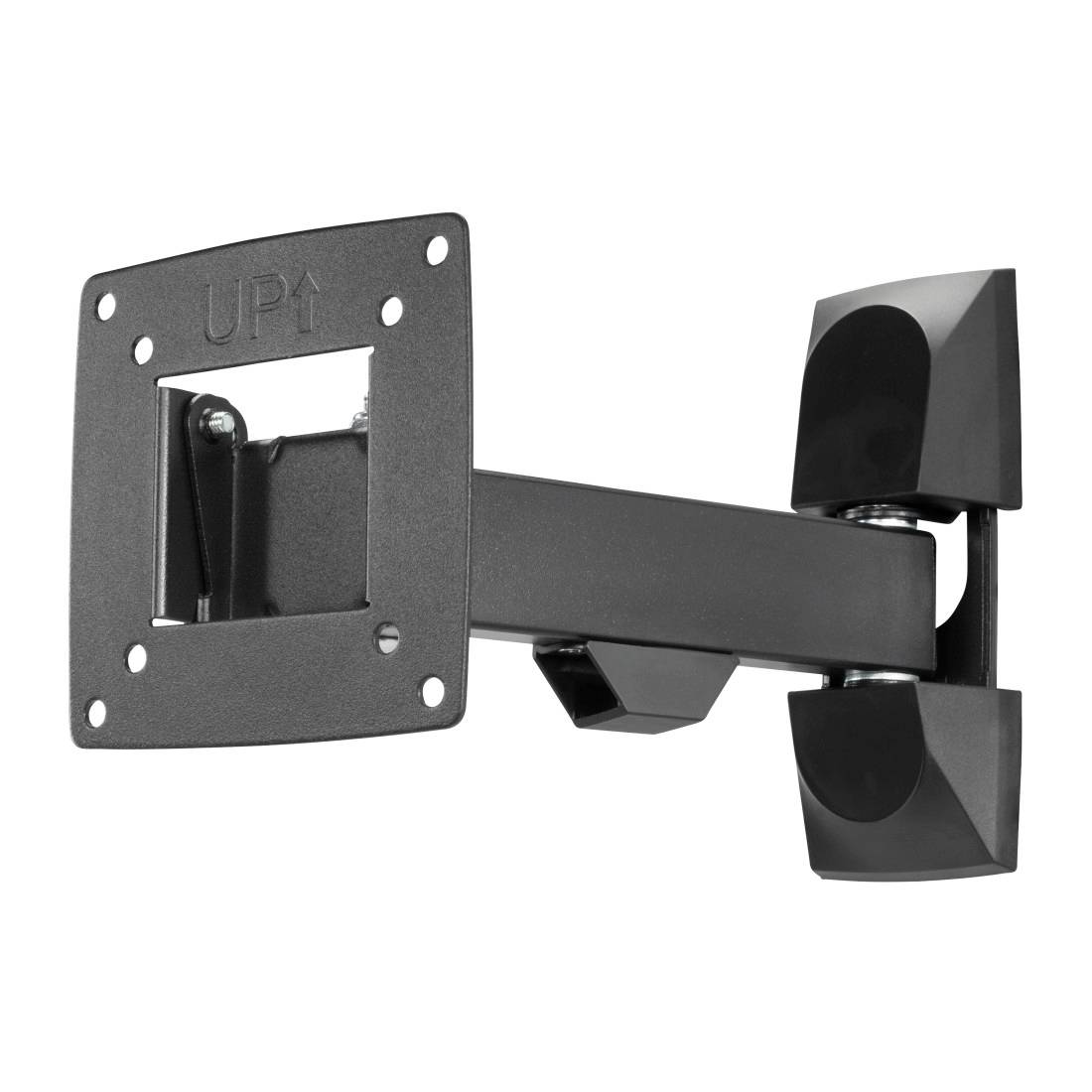 Verstellbare schwarze Wandhalterung mit VESA-kompatiblem Montageplatte und Schwenkarm für einen Bildschirm oder Monitor, gezeigt auf weißem Hintergrund.