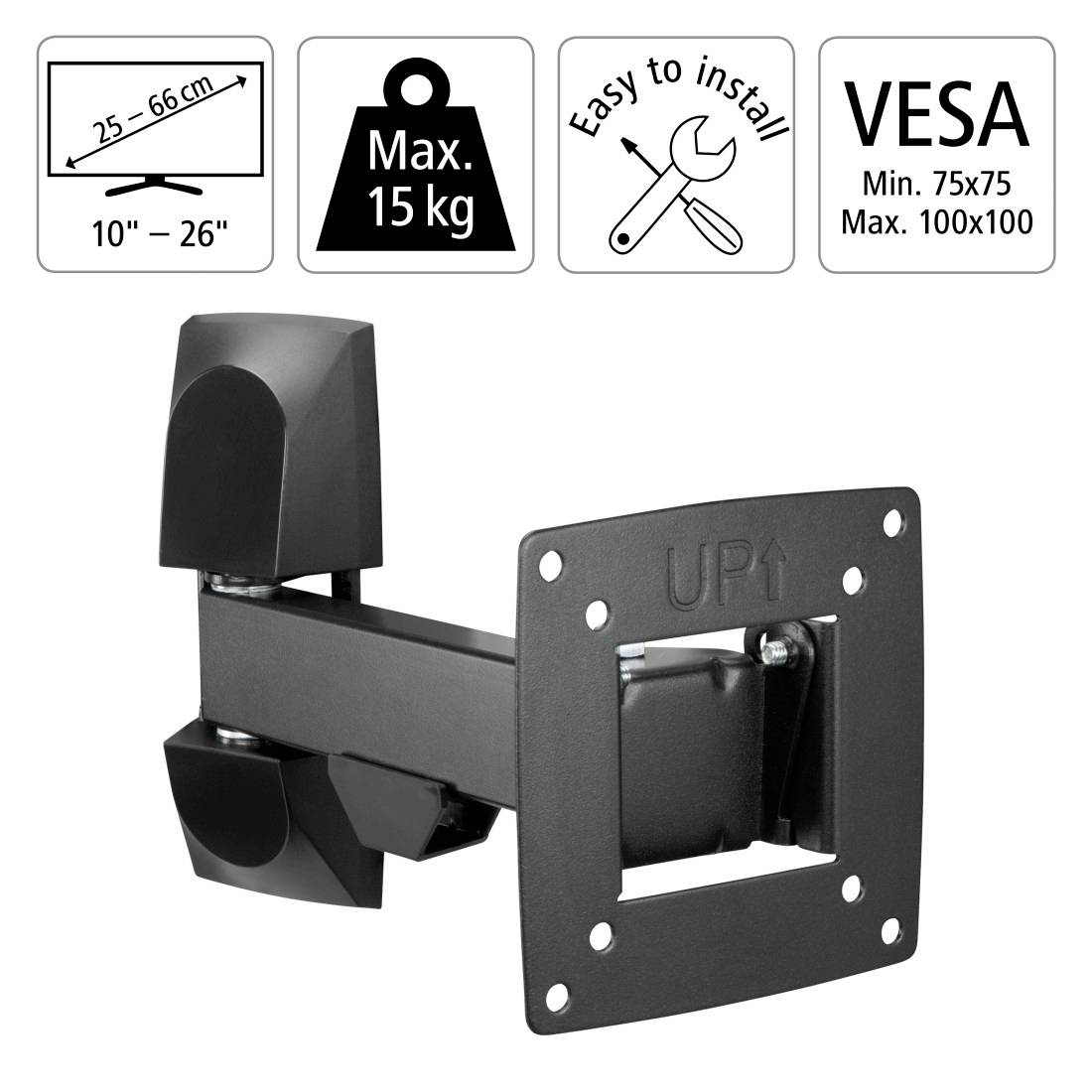 TV-Wandhalterung für 10-26 Zoll Bildschirme, unterstützt bis zu 15 kg, einfache Installation, VESA 75x75 bis 100x100.