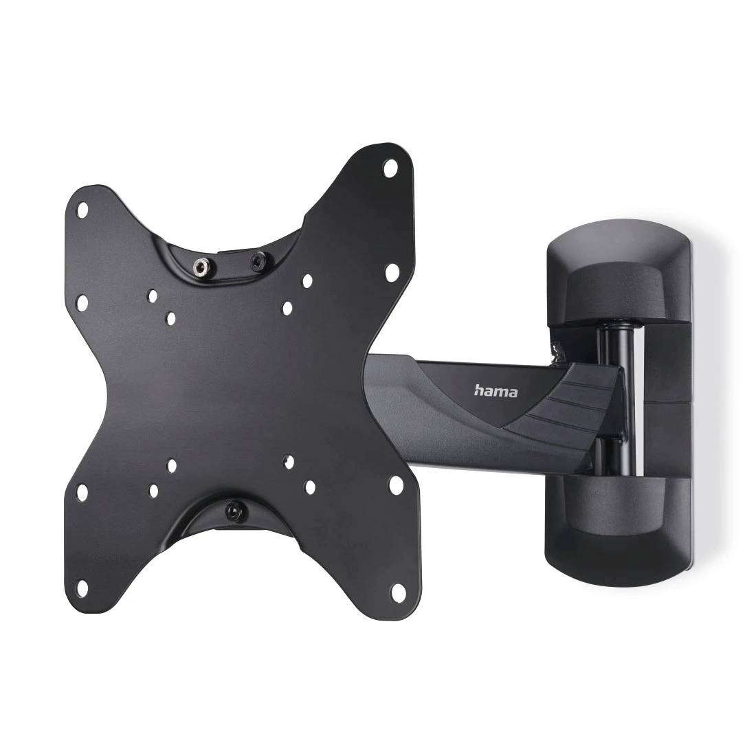 Schwarze verstellbare Wandhalterung für einen Flachbildfernseher oder Monitor, dargestellt in ausgefahrenem Zustand mit quadratischer VESA-Platte und schwenkbarem Arm.