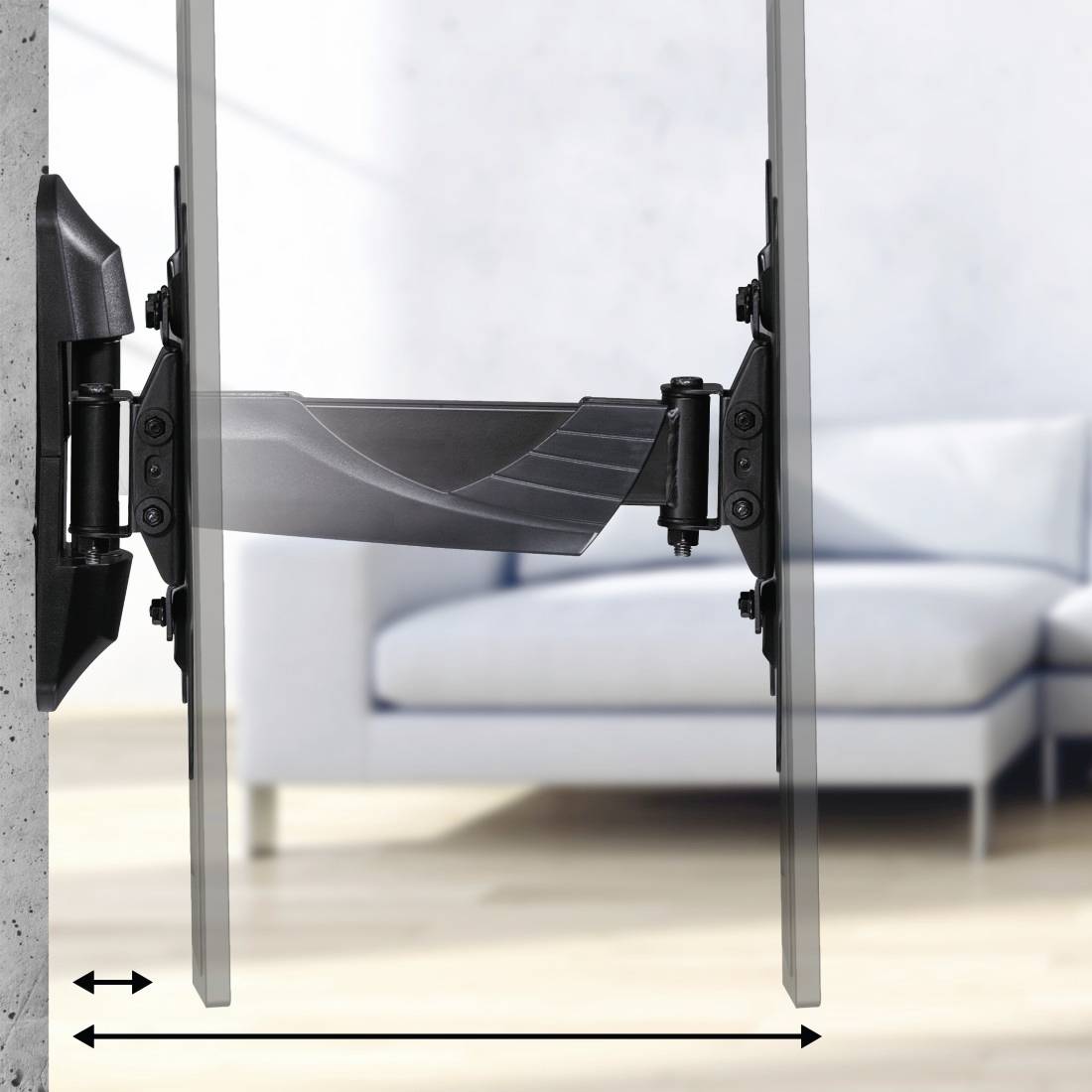 Seitenansicht einer TV-Wandhalterung mit Vollbewegunsfunktion, die einen Flachbildschirm nach vorne ausklappt, mit doppelköpfigen Pfeilen, die den horizontalen Schwenkbereich anzeigen.