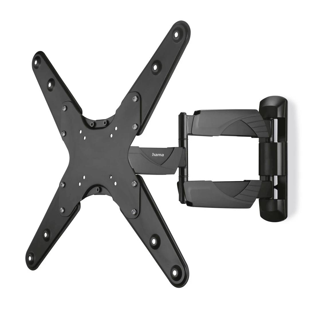 Schwarze verstellbare wandmontierte TV-Halterung mit X-förmiger VESA-Platte und ausziehbarem Schwenkarm, gezeigt auf weißem Hintergrund.