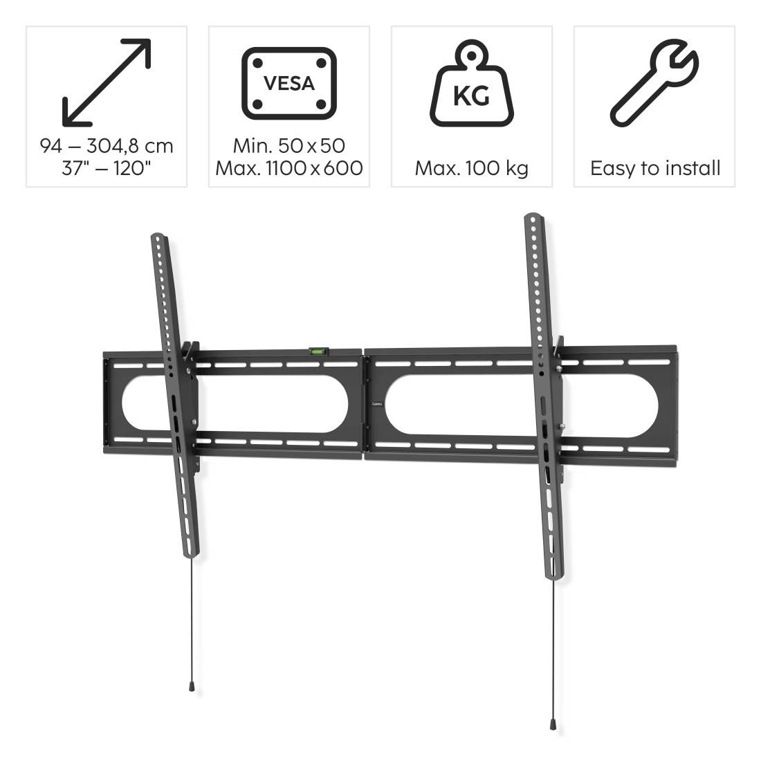 Abbildung einer TV-Wandhalterung mit Spezifikationen: passt für 37-120 Zoll Fernseher, VESA 50x50 bis 1100x600, max. 100 kg, einfache Installation.