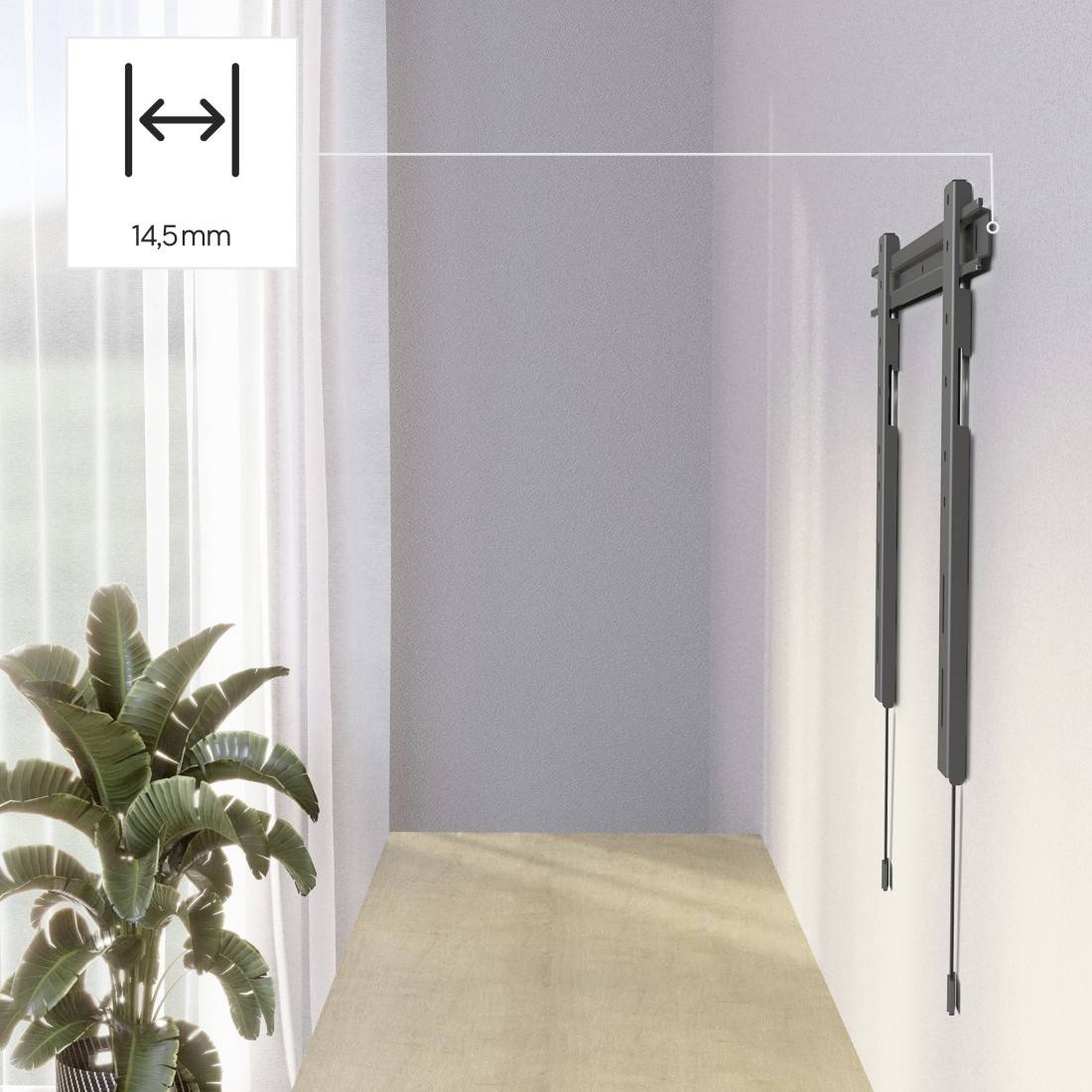 Wandmontiertes schwarzes klappbares Regal, das in einem Zimmer gezeigt wird, mit einer Dickenetikett von 14,5 mm und einer Pflanze neben einem Tisch an einer grauen Wand.