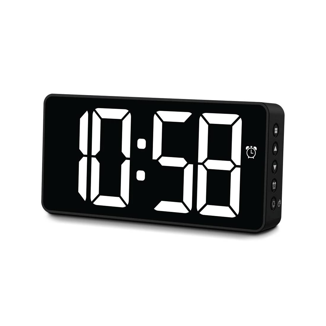 Schwarze digitale Wecker mit Anzeige von 10:58, mit Alarmkontrollen an der Seite.