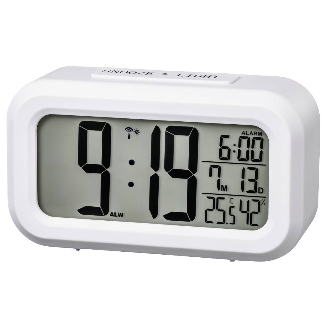 Weiße digitale Weckuhr zeigt 9:19 mit Alarm eingestellt auf 6:00, Datum 7/13 und Temperatur 23,5°C.